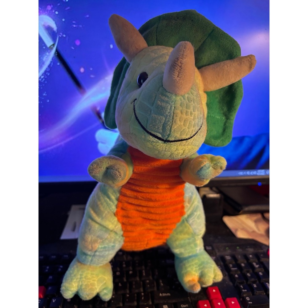 Hugfun Triceratops Dinosaur Plush Stuffed Animal 12" Tall Green Orange Toy